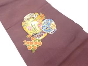 塩瀬金彩壺に草花・花唐草模様名古屋帯